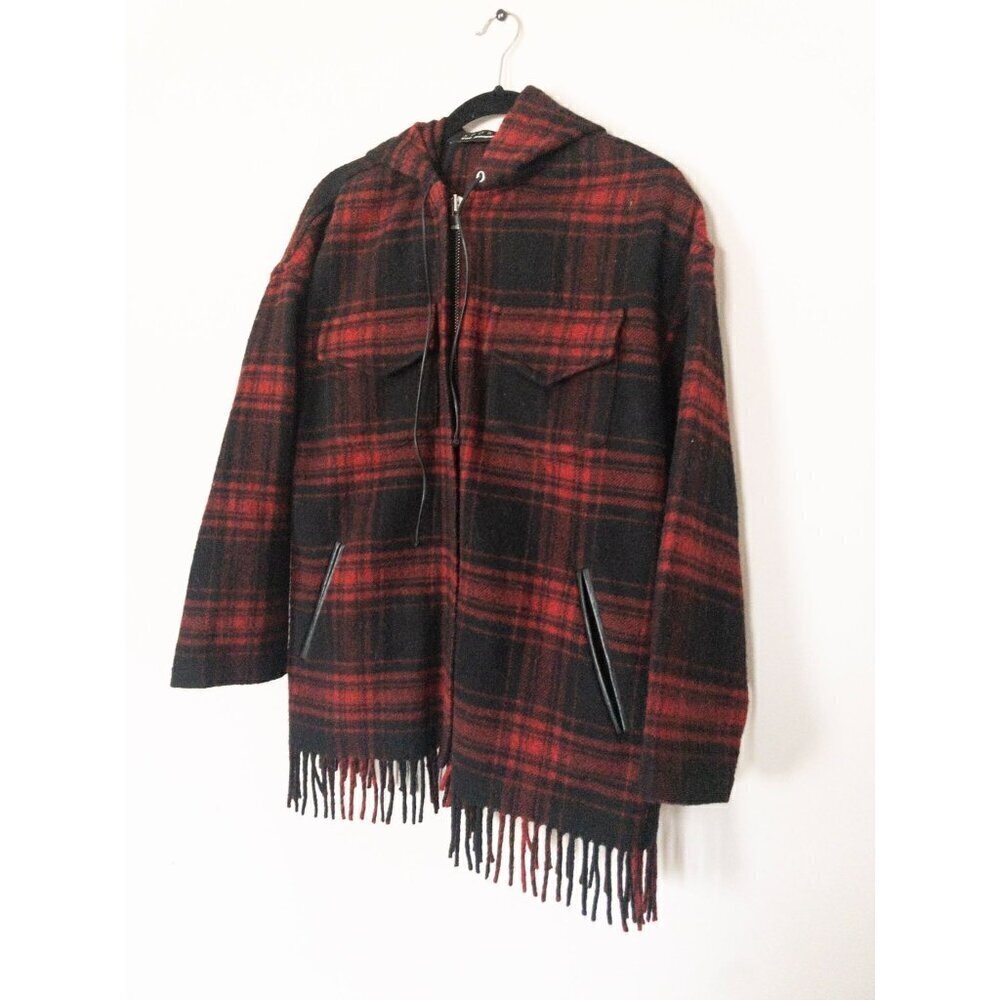 The Kooples Buffalo Plaid Red Wool Sweater Coat Fringe SZ M - Picture 3 of 13